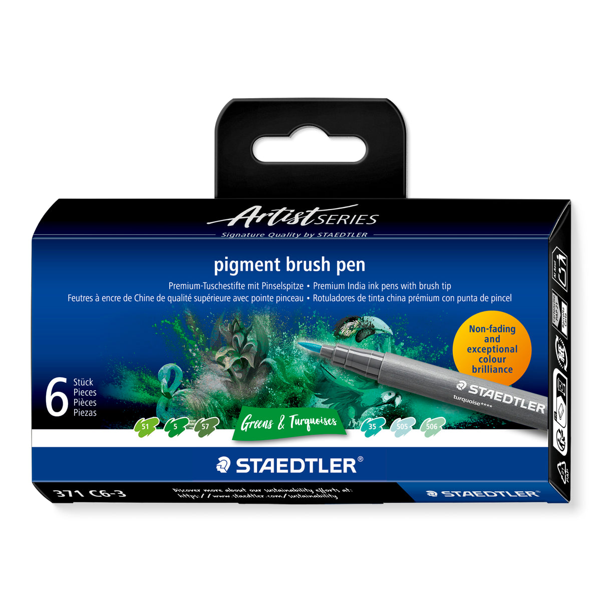 Staedtler Pigment Arts brush pen set — 6 Pens, Greens & Turquoises (371 C6-3)