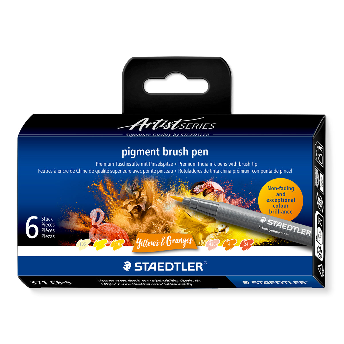 Staedtler Pigment Arts brush pen set — 6 Pens, Yellows & Oranges (371 C6-5)