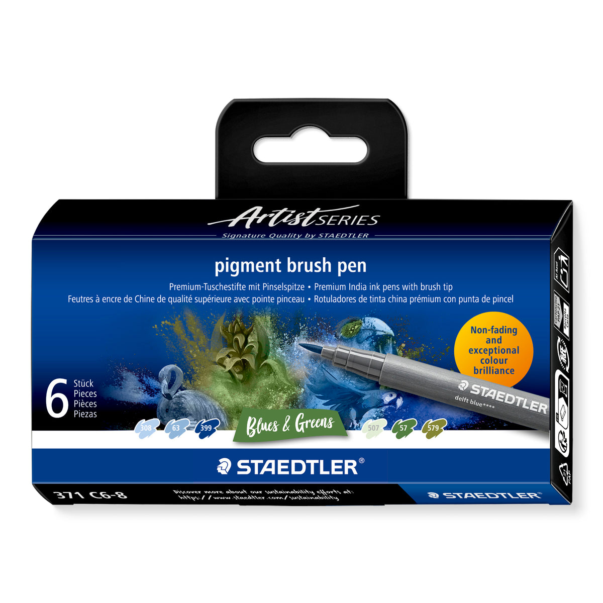 Staedtler Pigment Arts brush pen set — 6 Pens, Blues & Greens (371 C6-8)