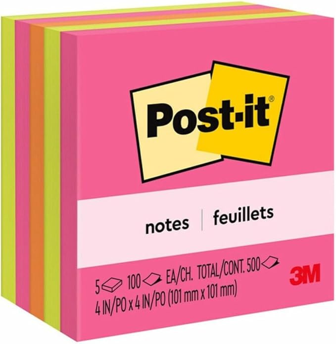 Notes adhésives Post-it® | 10,2 x 10,2 cm | Couleurs Poptimistic | 100 feuilles/bloc | 5 blocs/paquet