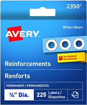 Étiquettes de renfort Avery blanches, 6,35 mm de diamètre, 225/paquet