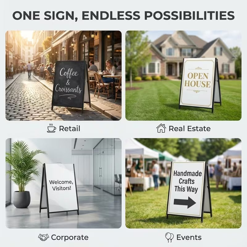 Heavy-Duty A-Frame Sandwich Board Sign – 24" x 36", Double-Sided, Black
