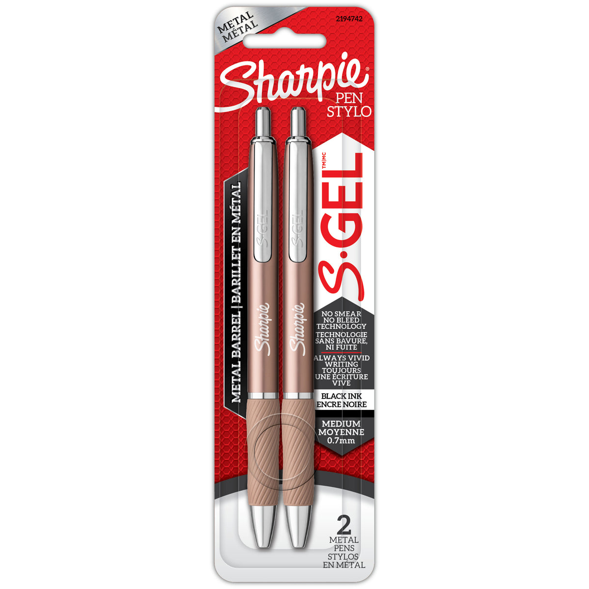 Sharpie S-Gel metal barrel gel pens 2-pack, Rose Gold, black ink, 0.7 mm
