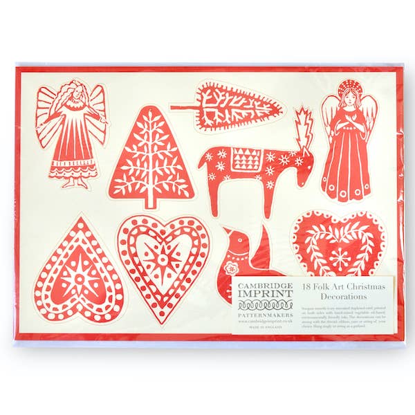 Packaged Cambridge Imprint 18 Folk Art Christmas Decorations with red designs on ivory card