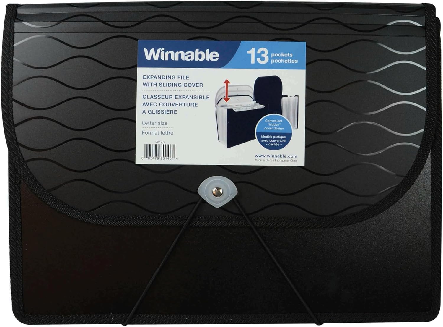 Expanding File with Sliding Cover, 13-Pocket, Letter Size, Black