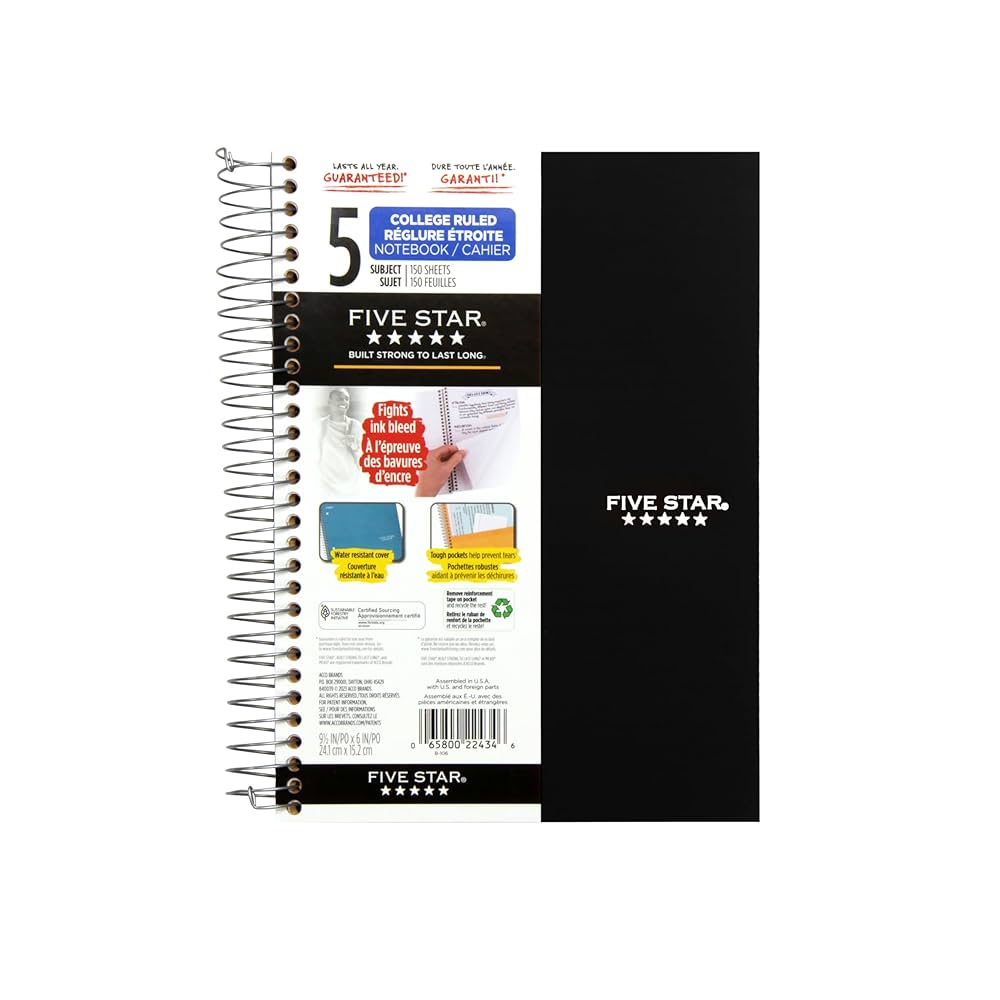 Five Star 5 Subject College Ruled Spiral Notebook, 6 x 9.5 inch, 150 sheets