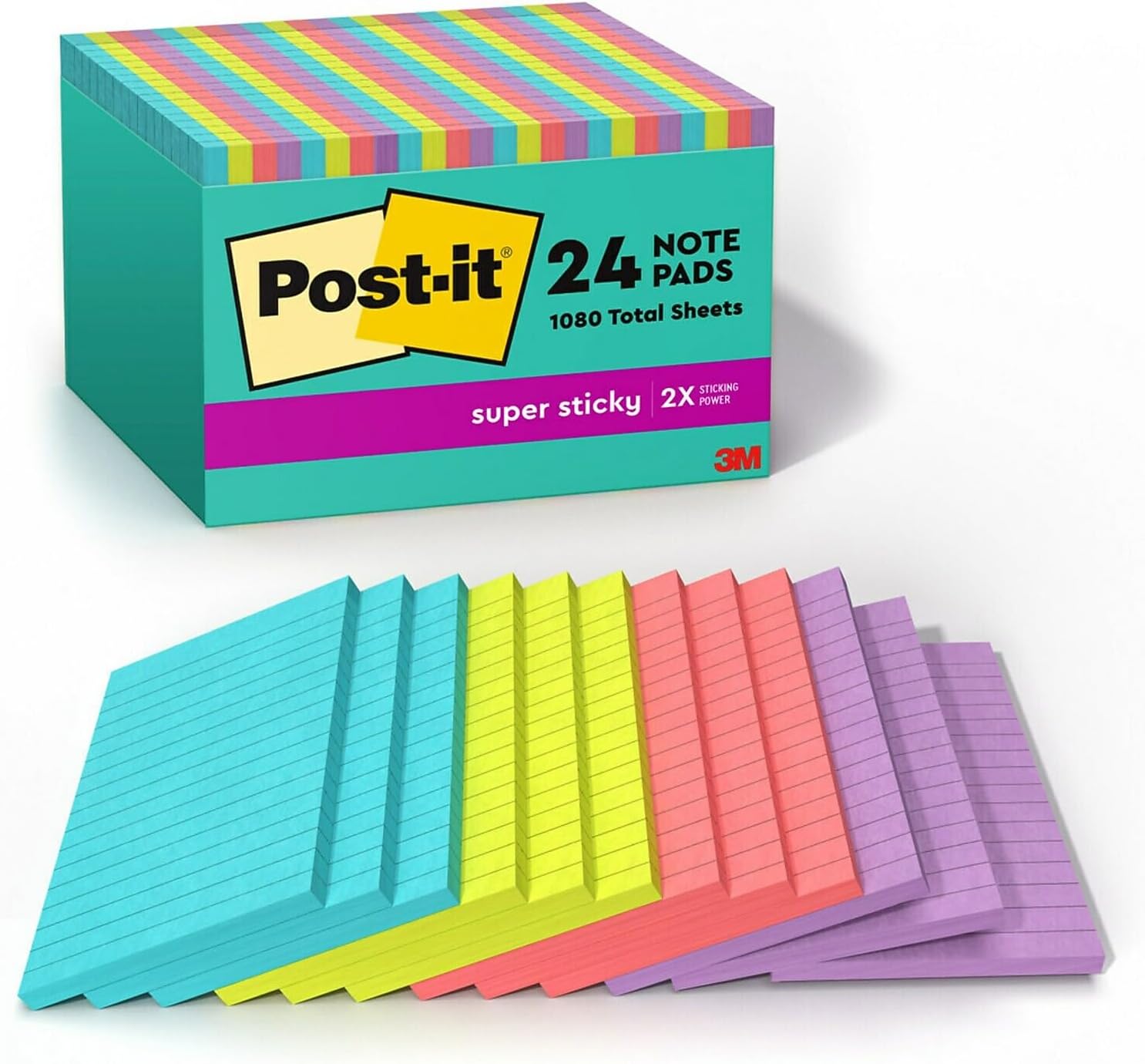 Post-it® Super Post-it® très grands | 101 x 152 mm | Couleurs vives | Ligné | 45 feuilles/bloc | 24 blocs/paquet