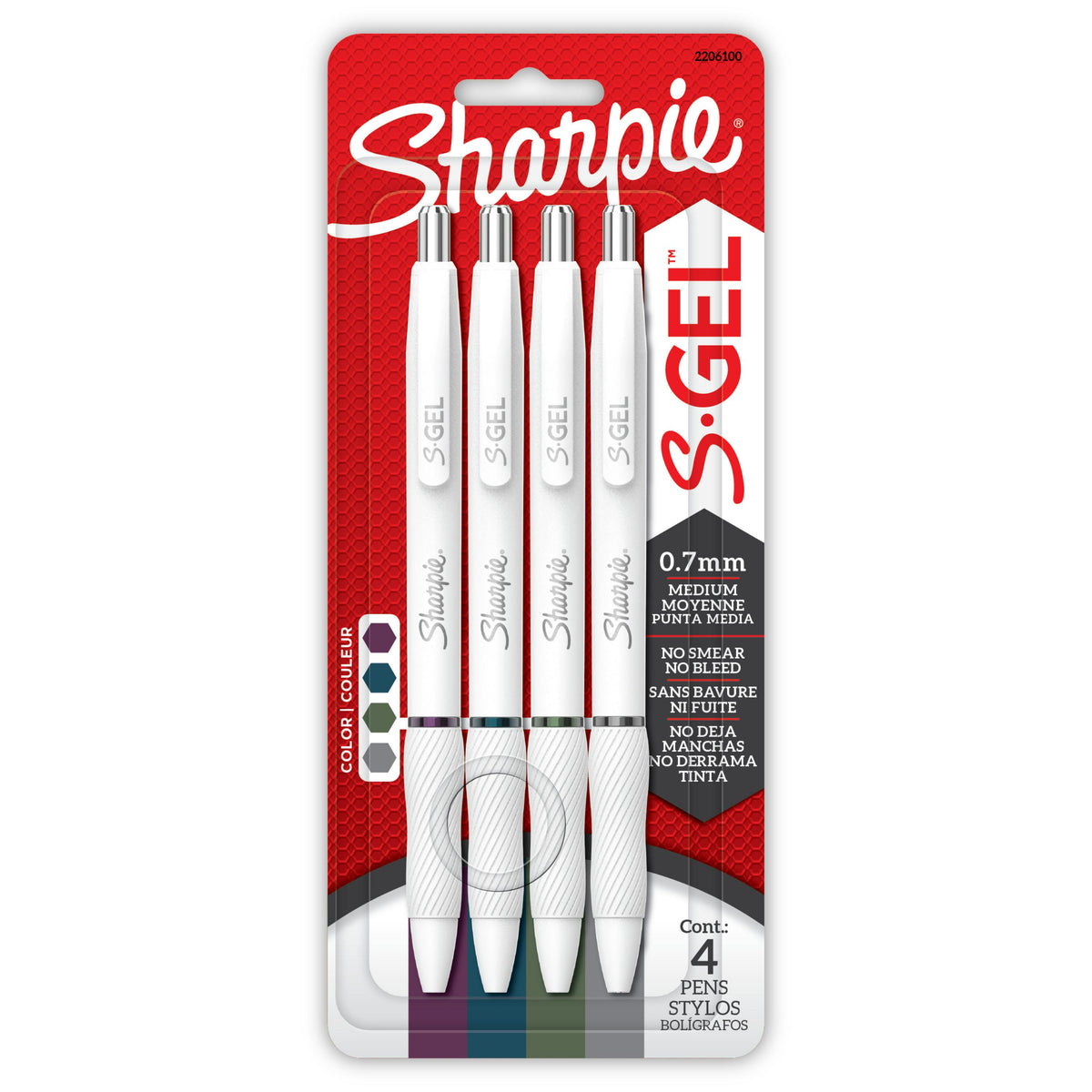 Sharpie S-Gel gel pens 4-pack, Pearl White barrel, Rich Dark ink colours, 0.7 mm