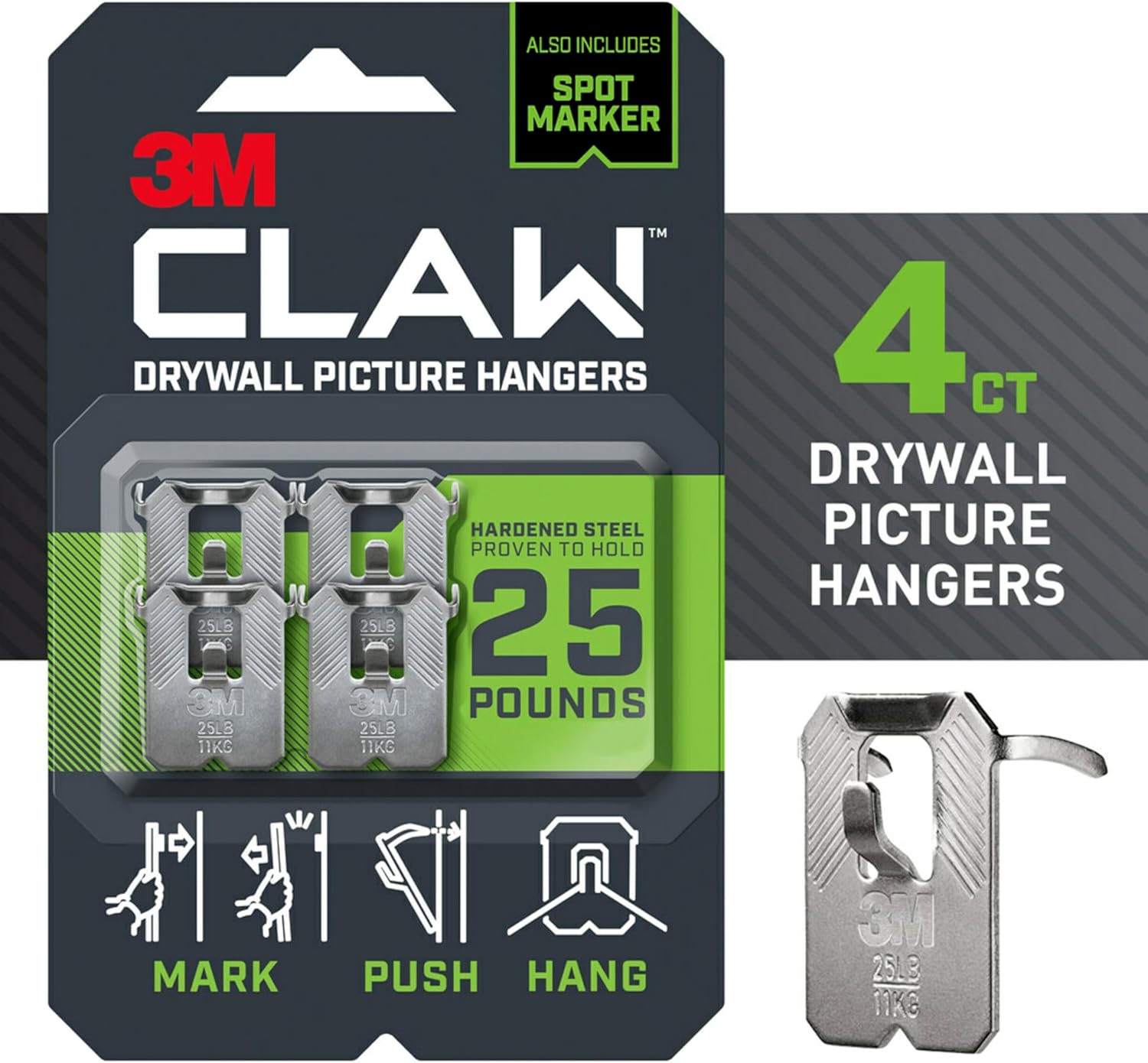 3M CLAW Drywall Picture Hanger, 25 lb, 4-Pack