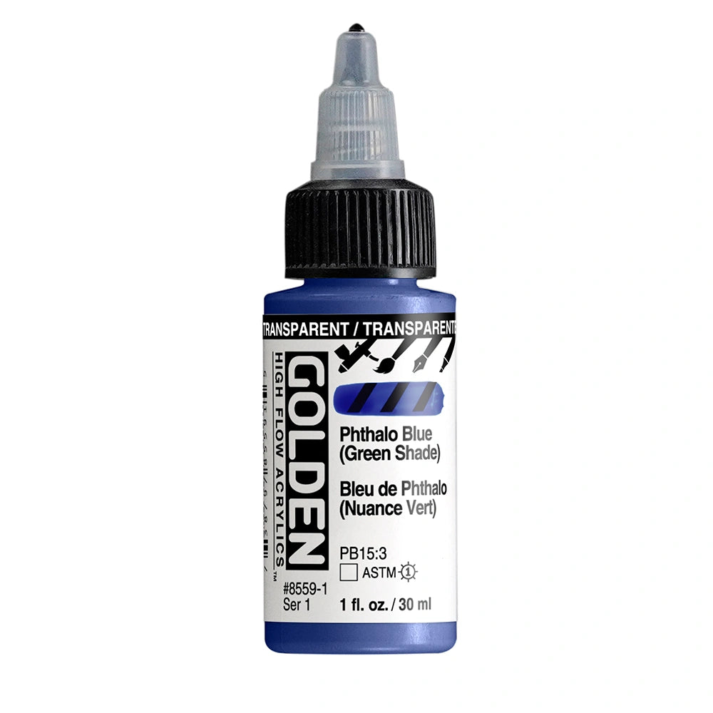 Golden High Flow Acrylic Transparent Phthalo Blue (Green Shade), 1 oz (30 ml) bottle