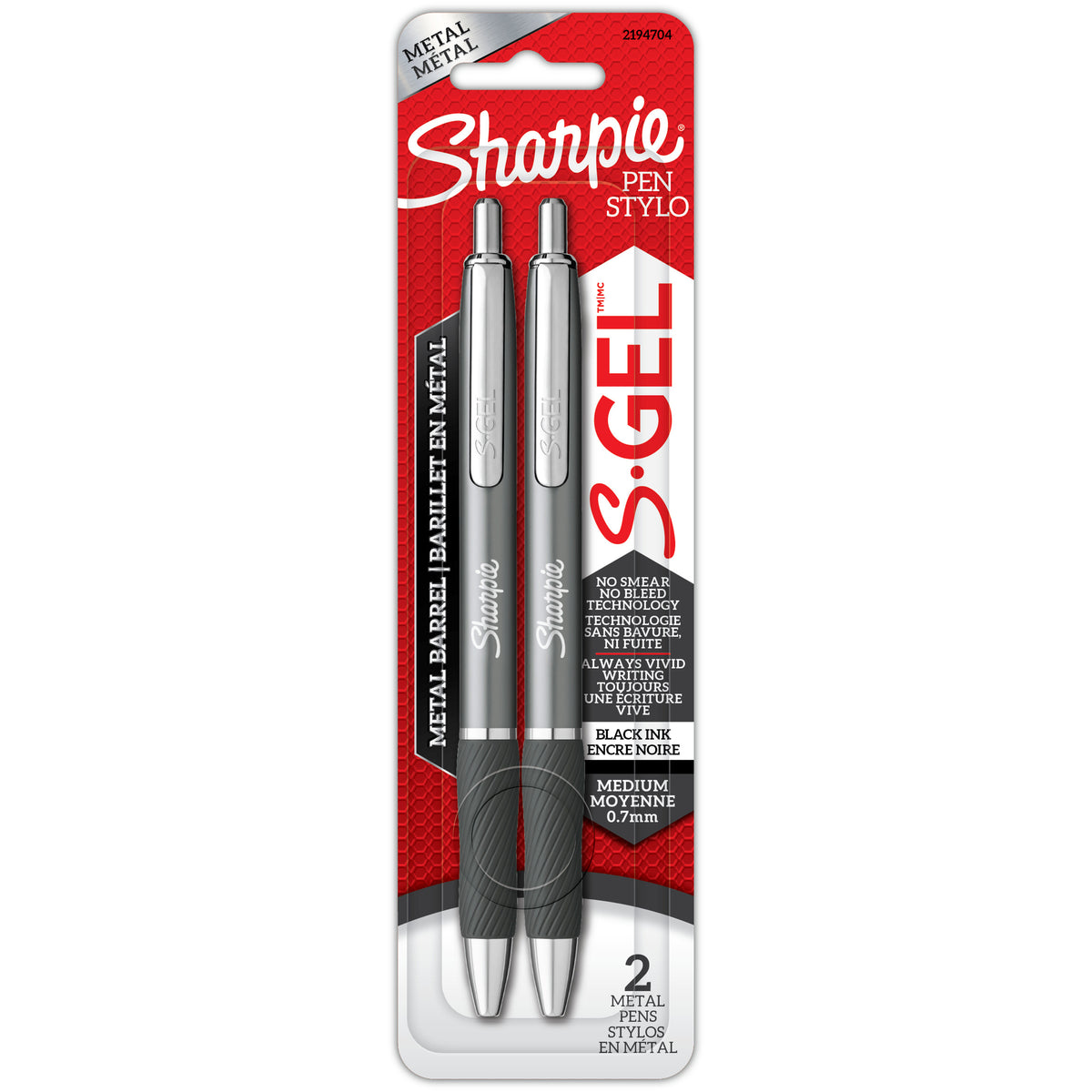 Sharpie S-Gel metal barrel gel pens 2-pack, Gunmetal, black ink, 0.7 mm