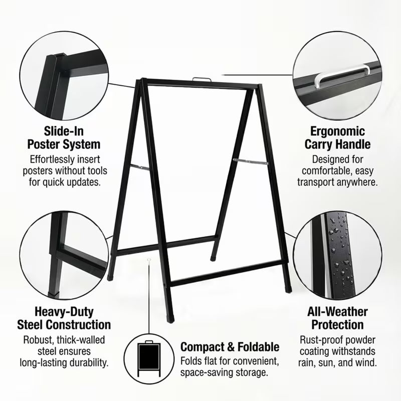 Heavy-Duty A-Frame Sandwich Board Sign – 24" x 36", Double-Sided, Black