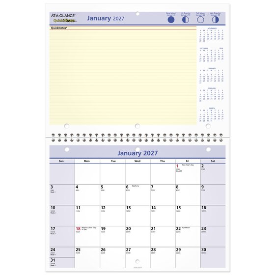 AT-A-GLANCE QuickNotes Monthly Desk/Wall Calendar 2027, Bilingual, 8"x11"