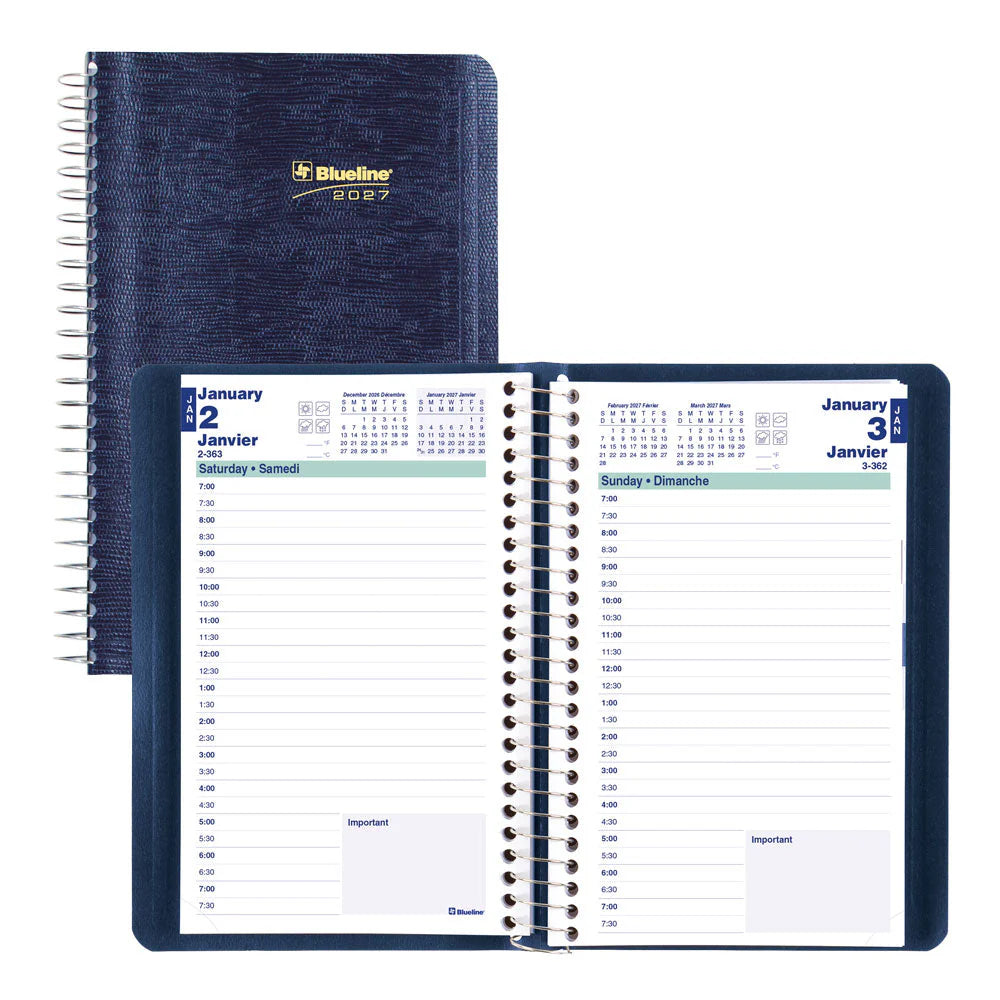 Blueline Essential Daily Planner — Jan–Dec 2027, English, Blue, 8" x 5"