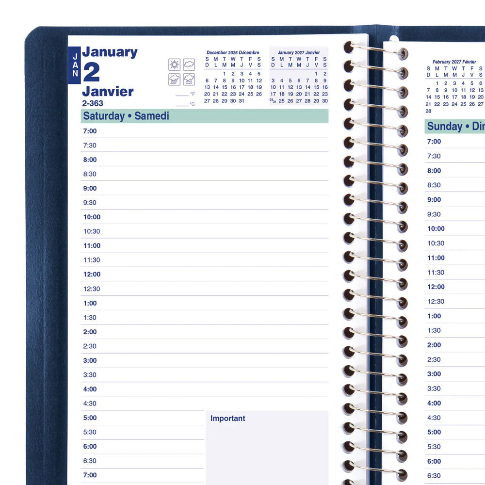 Blueline Essential Daily Planner — Jan–Dec 2027, English, Blue, 8" x 5"
