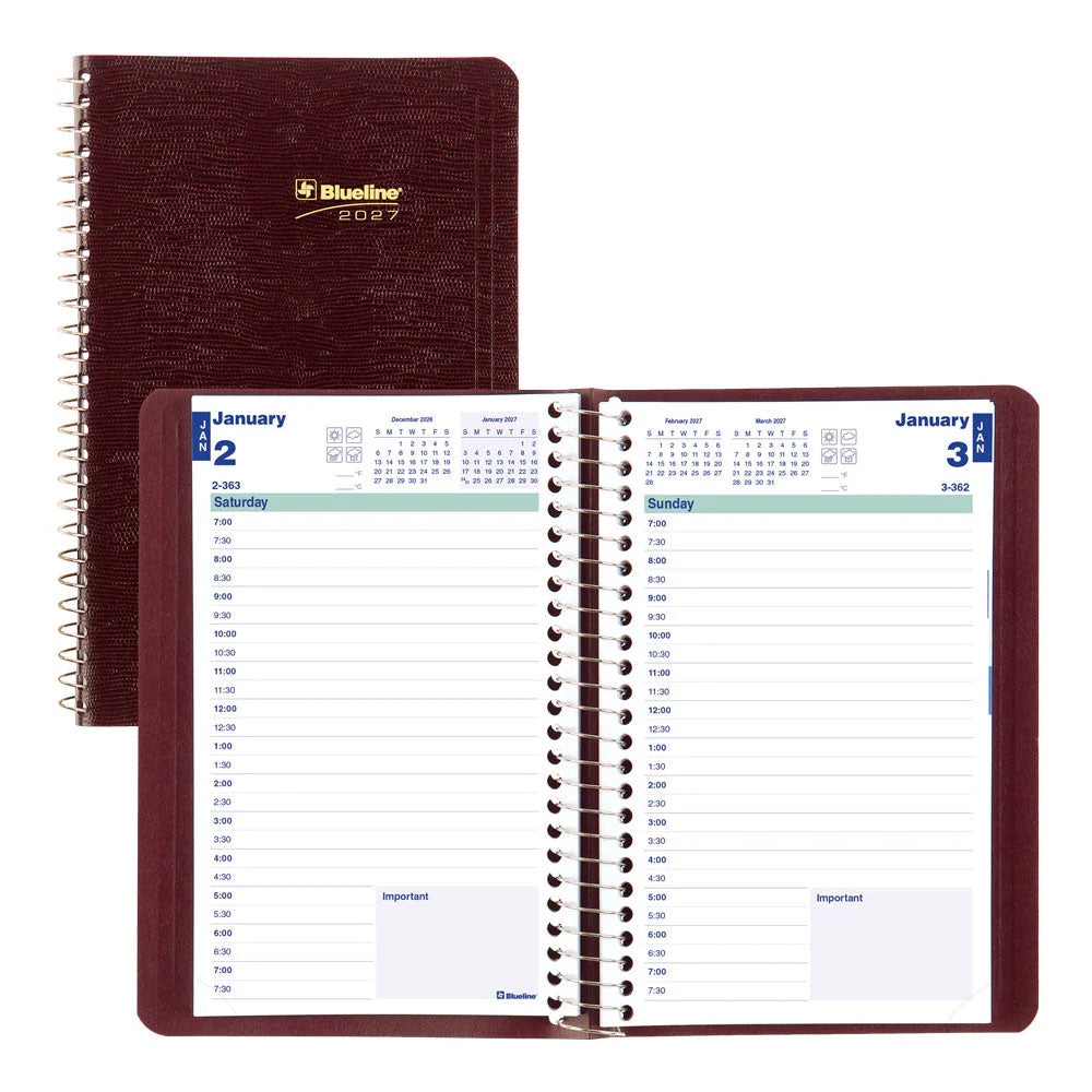Agenda journalier Blueline 8"x 5" Reliure spirale, anglais, bordeaux C150483T
