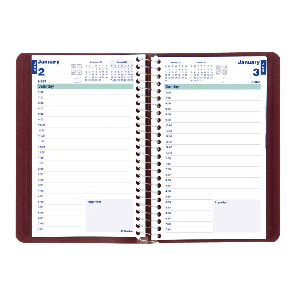 Agenda journalier Blueline 8"x 5" Reliure spirale, anglais, bordeaux C150483T