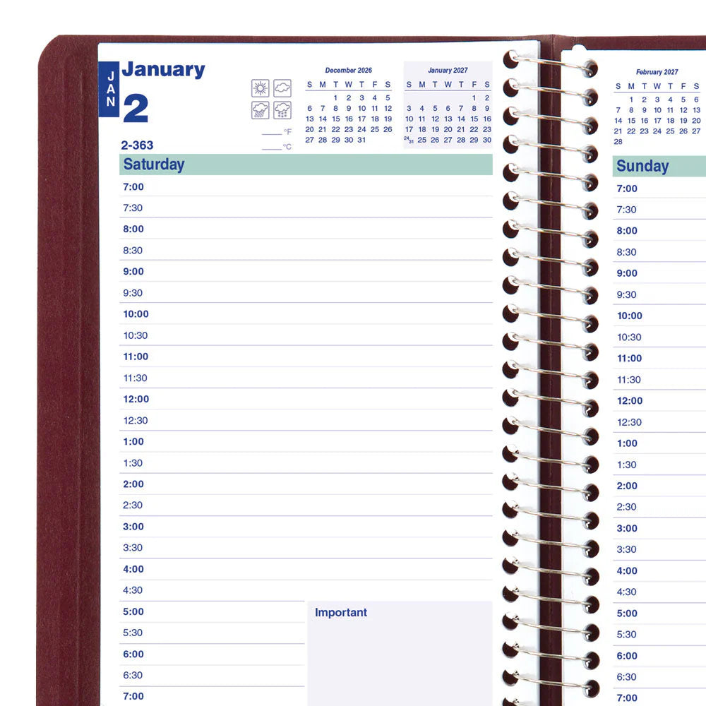 Agenda journalier Blueline 8"x 5" Reliure spirale, anglais, bordeaux C150483T