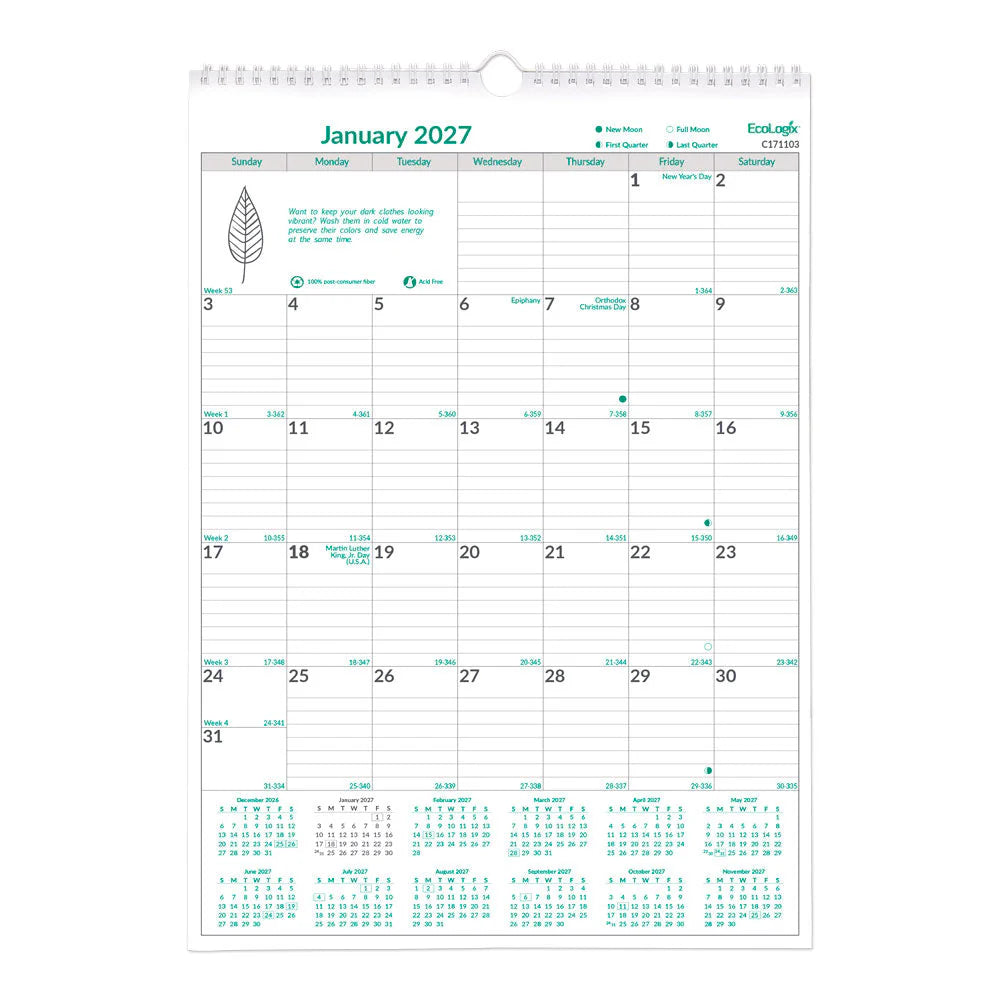 Calendrier mural mensuel Brownline 2026 EcoLogix 12 mois – janvier à décembre – 12 x 17 po – Anglais