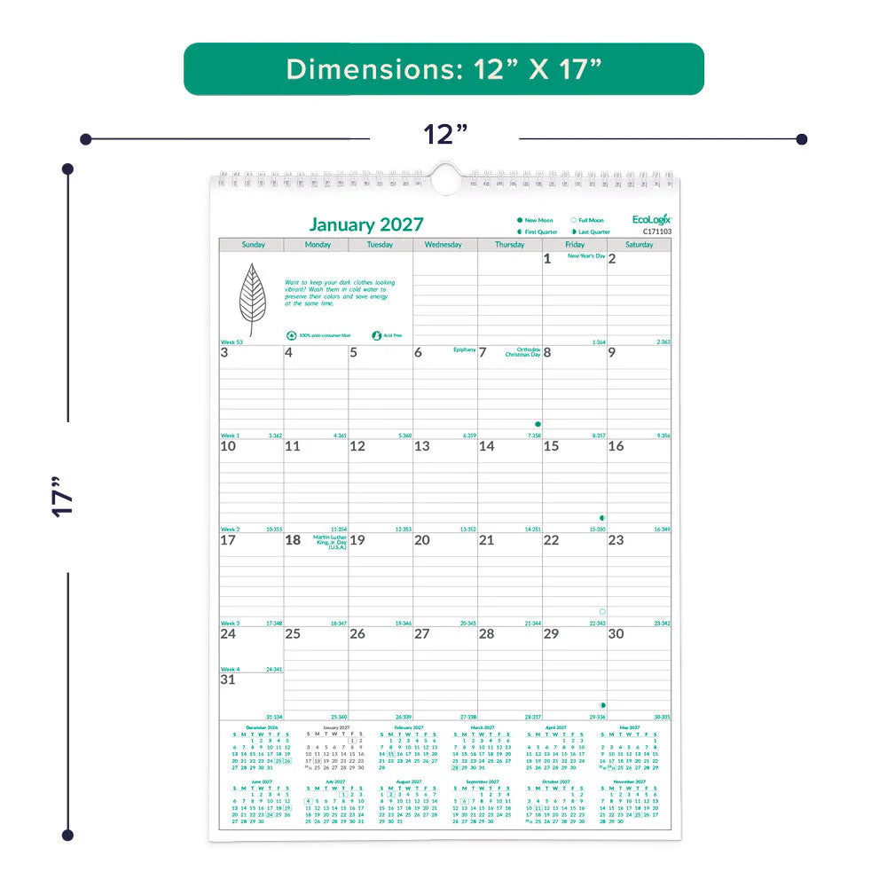 Calendrier mural mensuel Brownline 2026 EcoLogix 12 mois – janvier à décembre – 12 x 17 po – Anglais