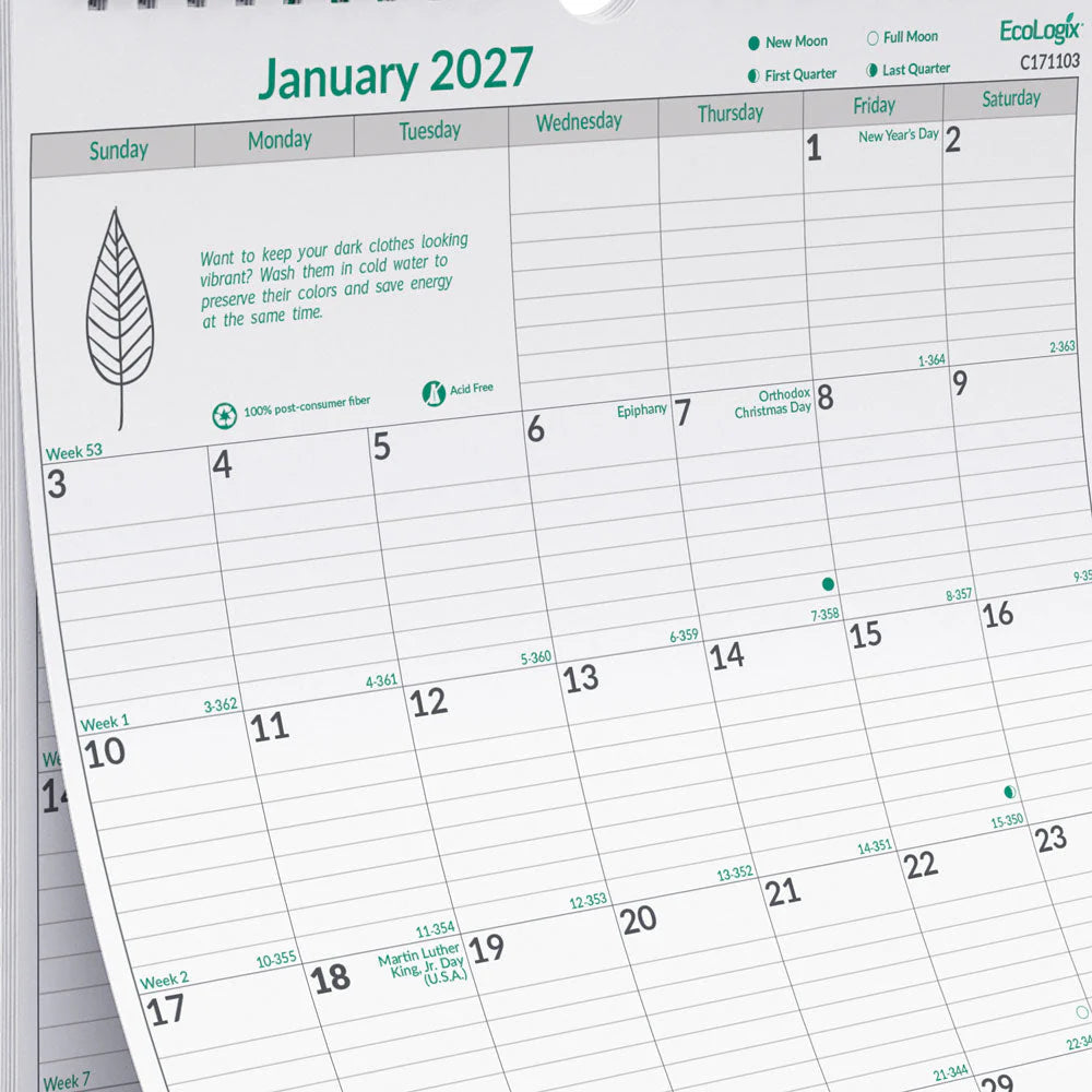 Calendrier mural mensuel Brownline 2026 EcoLogix 12 mois – janvier à décembre – 12 x 17 po – Anglais
