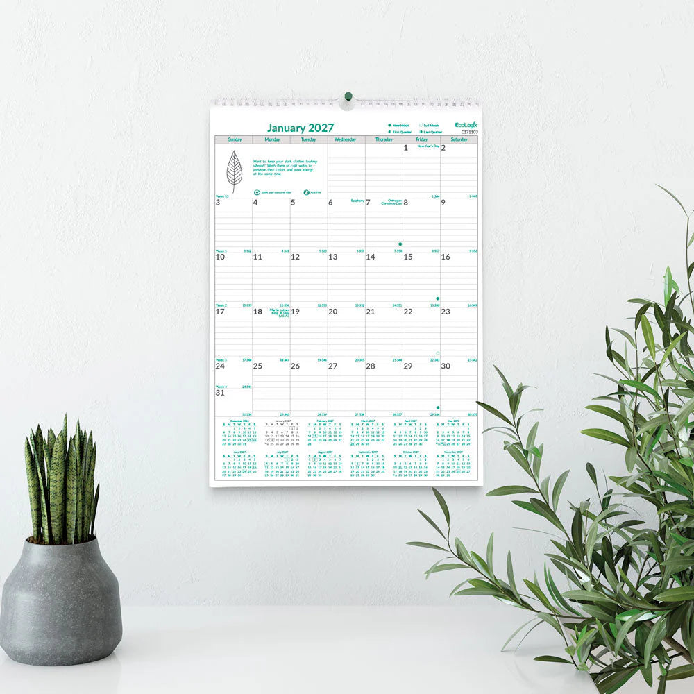 Calendrier mural mensuel Brownline 2026 EcoLogix 12 mois – janvier à décembre – 12 x 17 po – Anglais