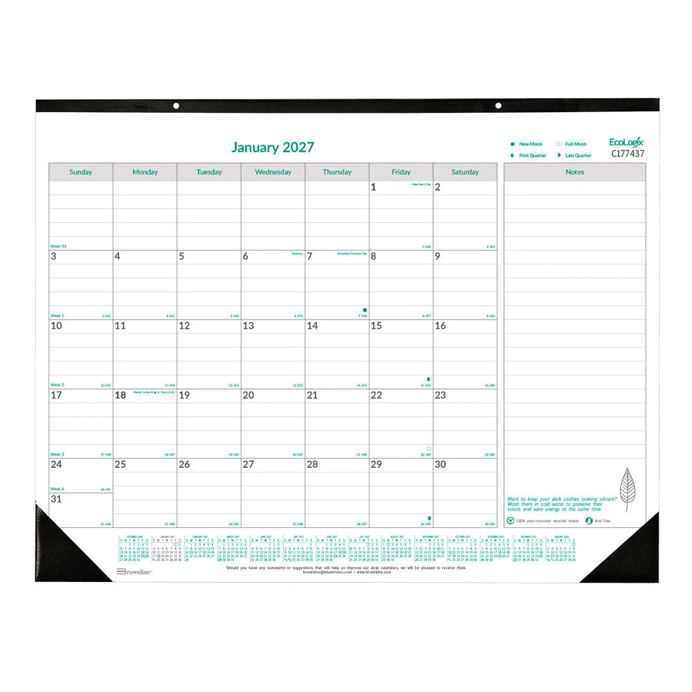 Calendrier de bureau mensuel Brownline Ecologix 22"x 17", anglais