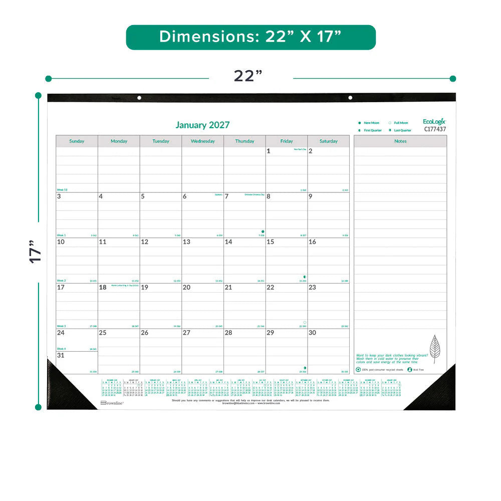 Calendrier de bureau mensuel Brownline Ecologix 22"x 17", anglais