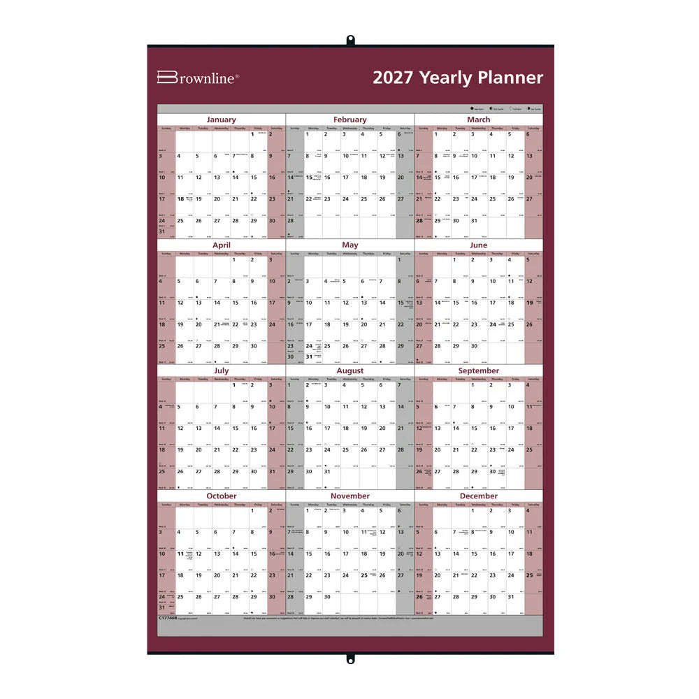Calendrier mural réversible 12 mois Brownline 2026 - 32" x 48" - Anglais - Laminé
