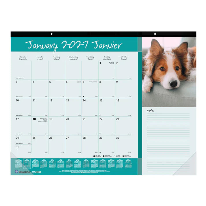 Calendrier de bureau mensuel Blueline Man's Best Friend 22"x 17", bilingue