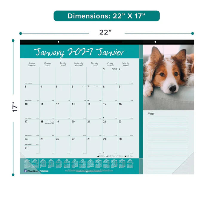 Calendrier de bureau mensuel Blueline Man's Best Friend 22"x 17", bilingue