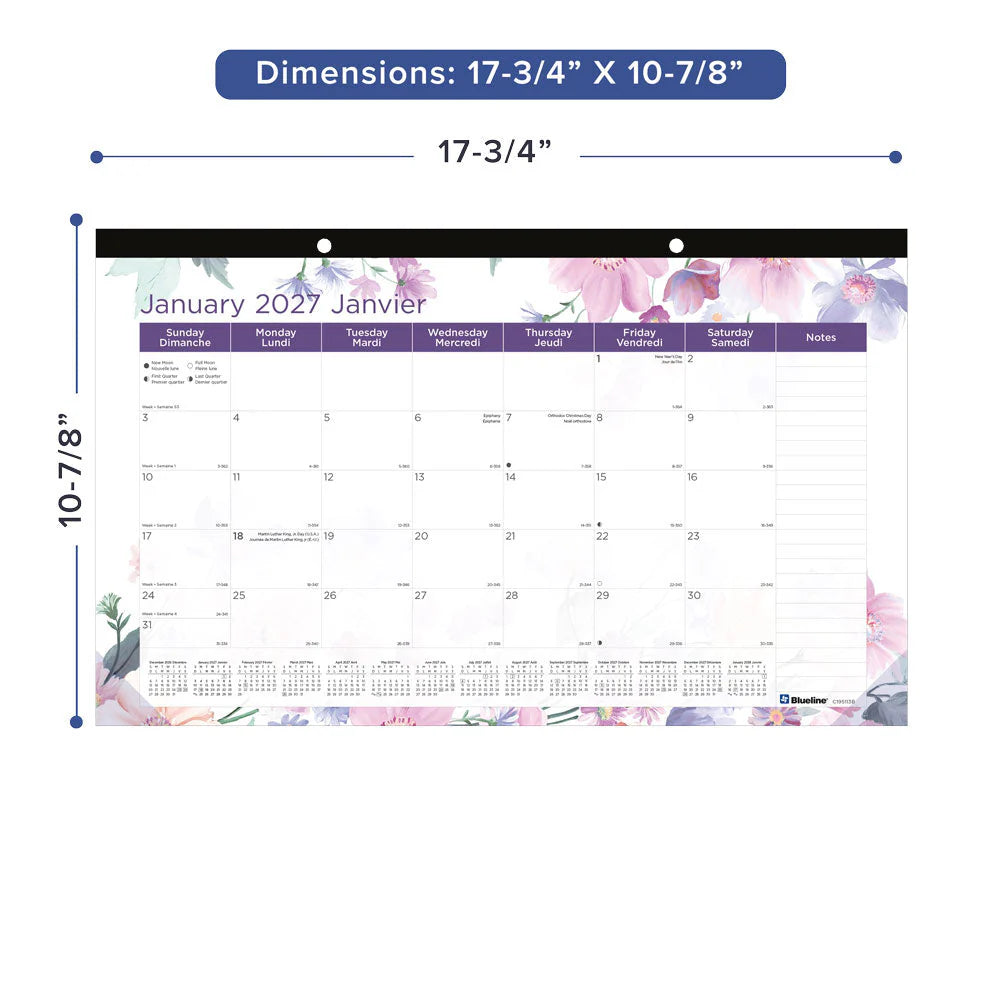 Blueline 2026 Sous-main/calendrier mensuel de 12 mois – Janvier à décembre – 17-3/4" x 10-7/8 – Collection Passion – Bilingue