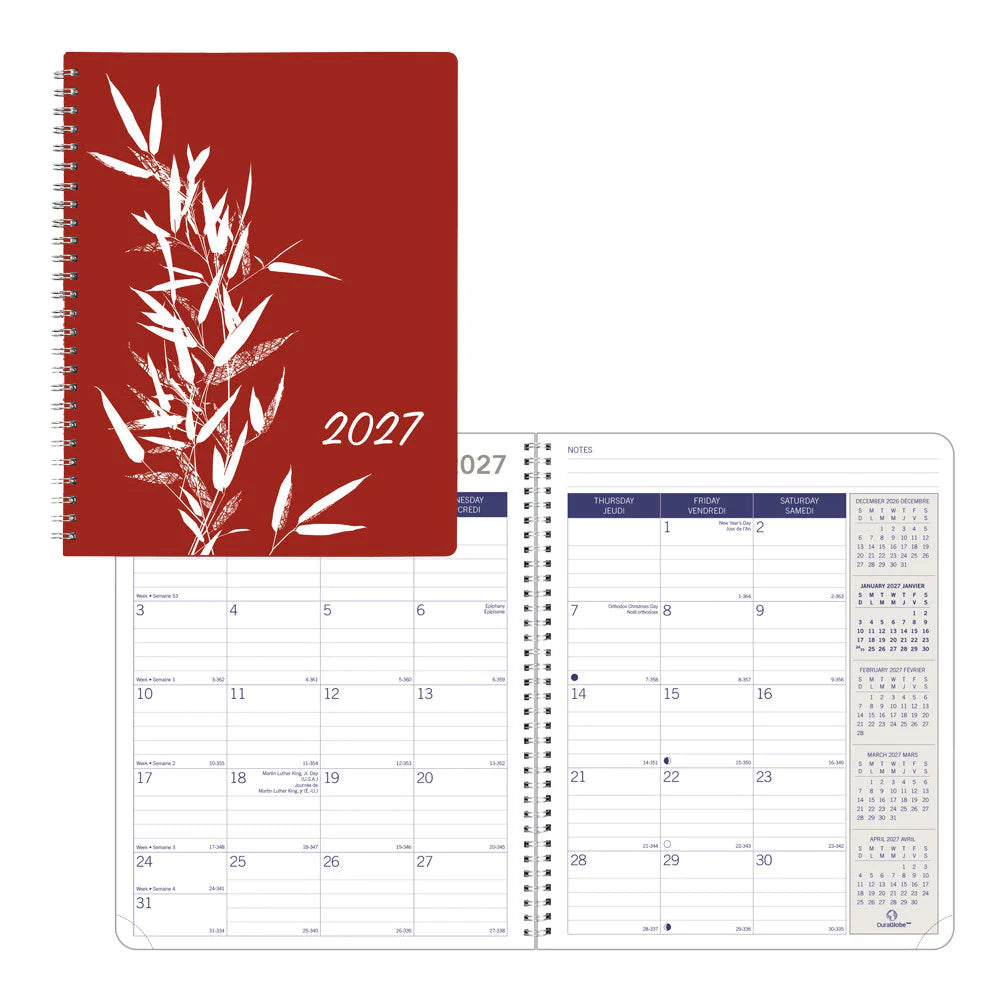 Blueline 2026 Joyful DuraGlobe Agenda mensuel de 14 mois - Décembre à janvier - 8-7/8" x 7-1/8" - Rouge - Bilingue