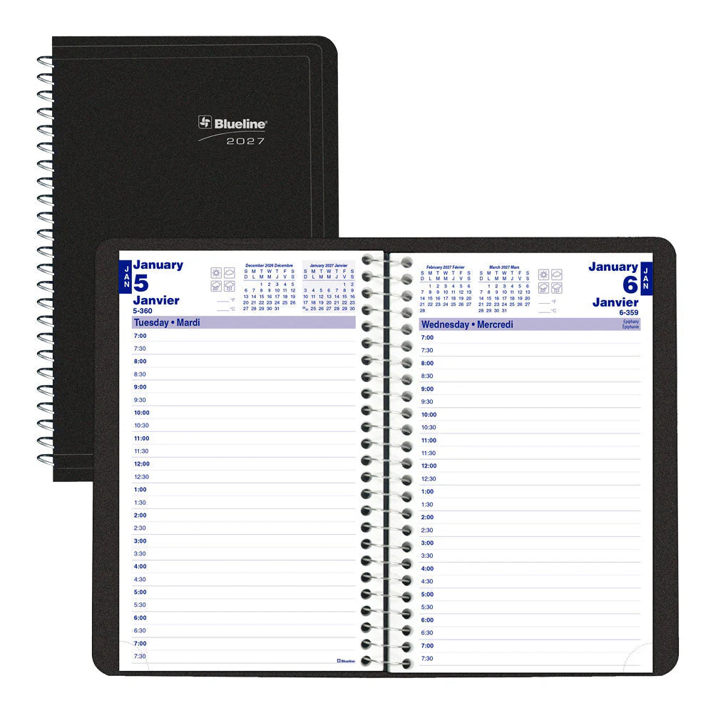 Agenda journalier 12 mois Blueline 2026 Essential – Janvier à décembre – 8 po x 5 po – Noir – Bilingue