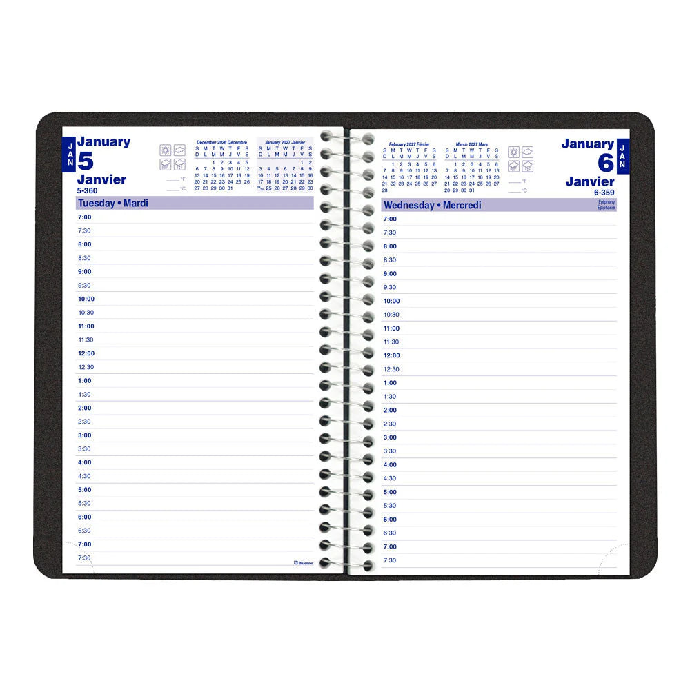 Agenda journalier 12 mois Blueline 2026 Essential – Janvier à décembre – 8 po x 5 po – Noir – Bilingue