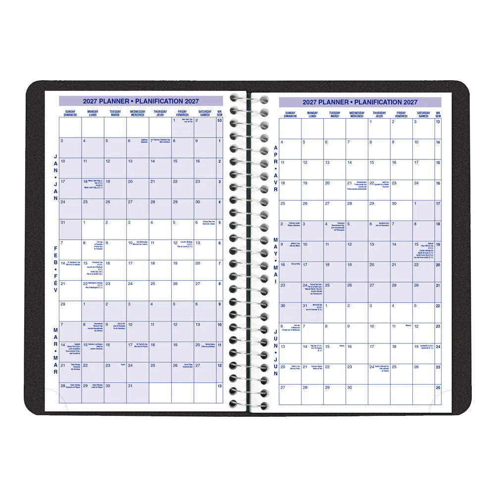 Agenda journalier 12 mois Blueline 2026 Essential – Janvier à décembre – 8 po x 5 po – Noir – Bilingue