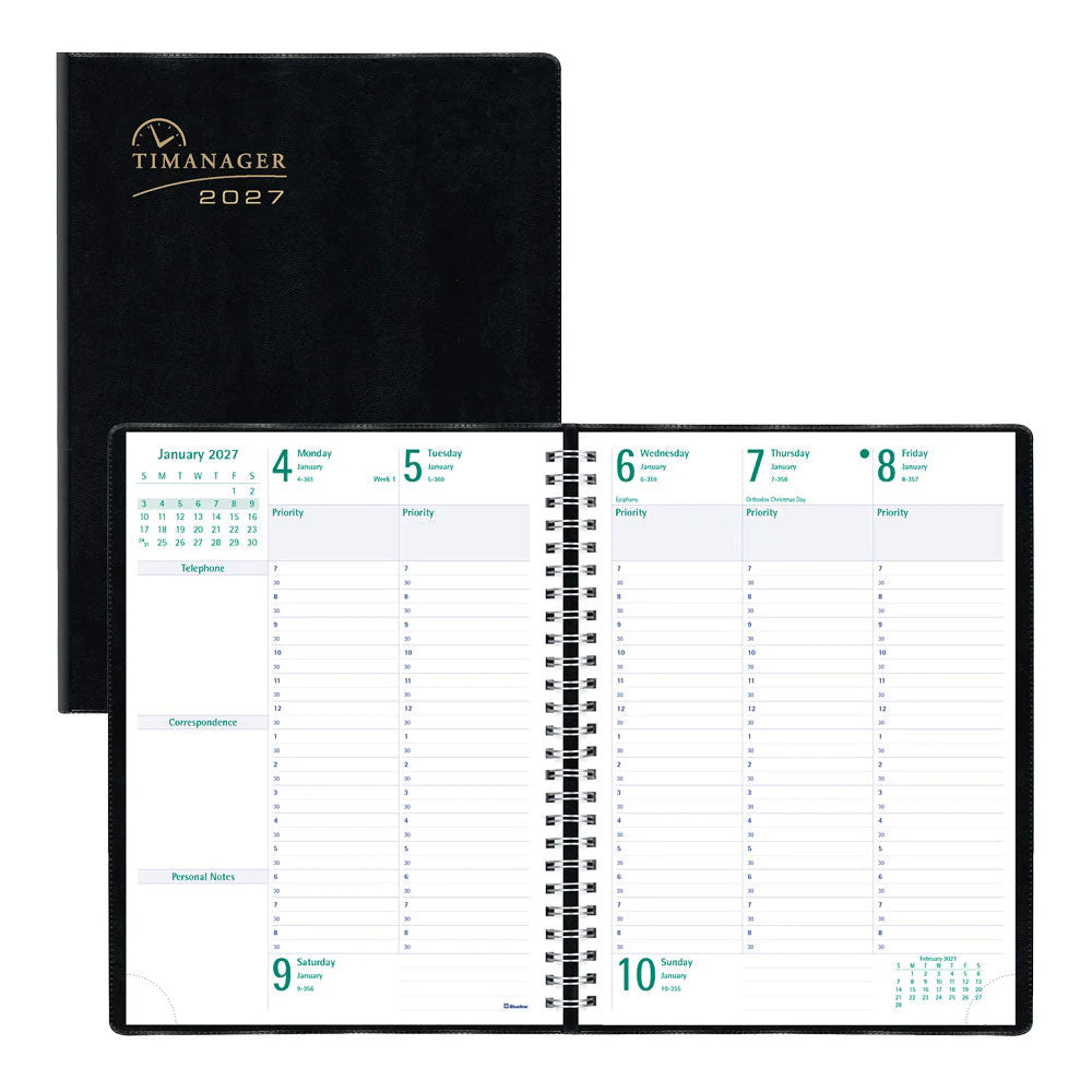 Agenda semainier/mensuel Blueline 2026 Timanager 13 mois - De décembre à décembre - 10 1/4" x 7 5/8" - Noir - Anglais C590081