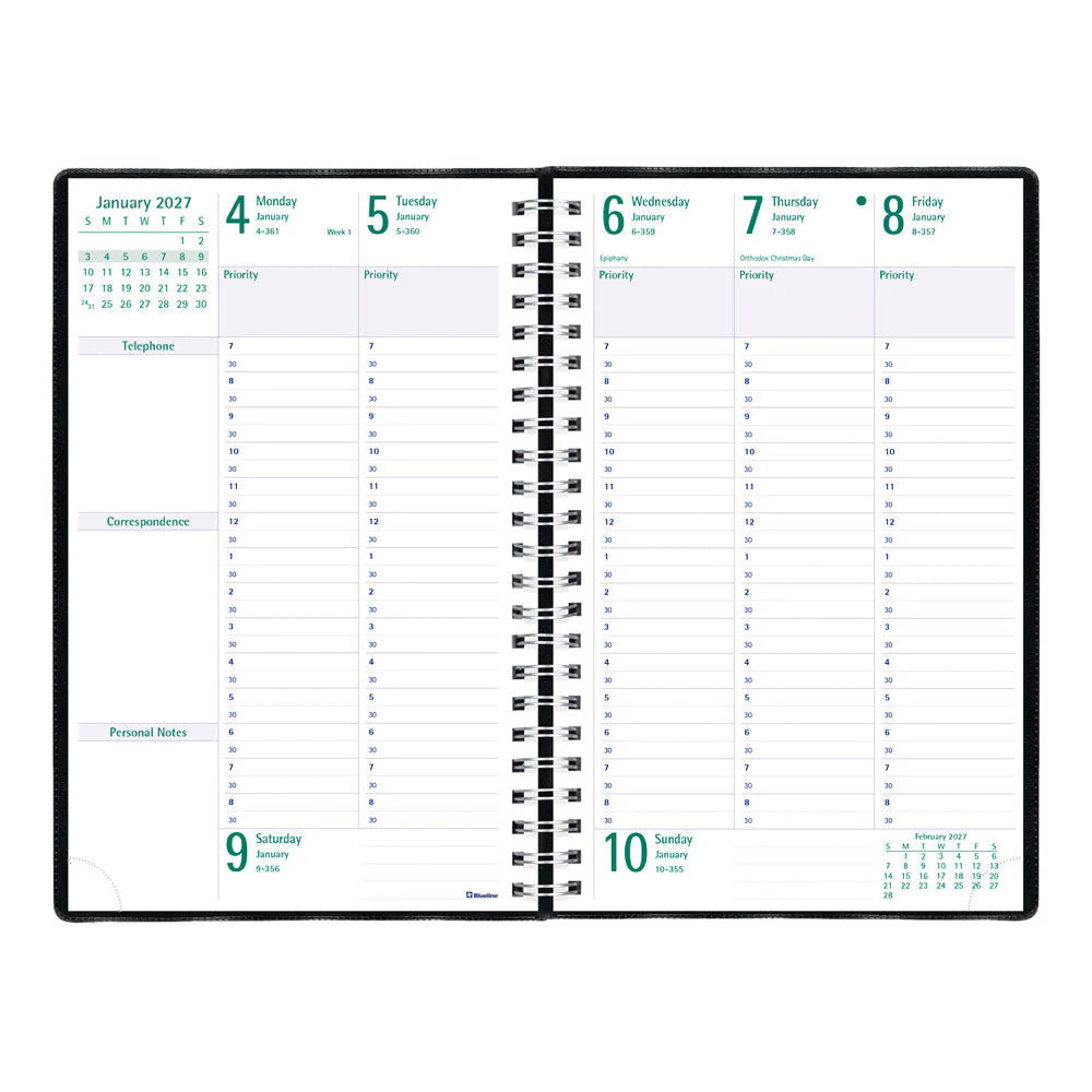 Agenda semainier/mensuel Blueline 2026 Timanager 13 mois - De décembre à décembre - 9 1/16 po x 5 7/8 po - Noir - Anglais C591081