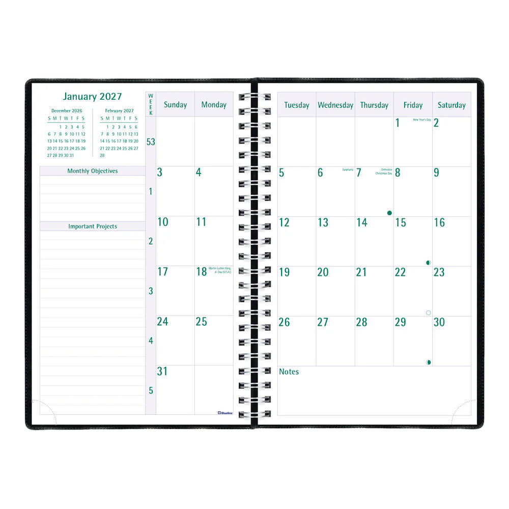 Agenda semainier/mensuel Blueline 2026 Timanager 13 mois - De décembre à décembre - 9 1/16 po x 5 7/8 po - Noir - Anglais C591081