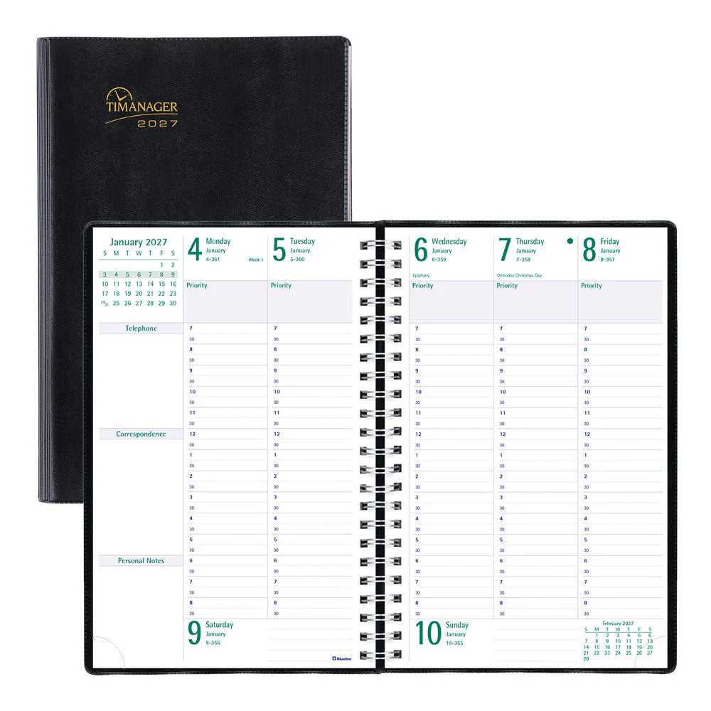 Agenda semainier/mensuel Blueline 2026 Timanager 13 mois - De décembre à décembre - 9 1/16 po x 5 7/8 po - Noir - Anglais C591081
