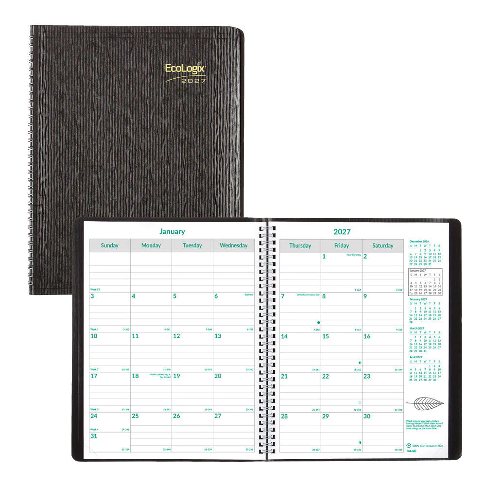 Brownline EcoLogix 14-Month Monthly Planner Dec 2026–Jan 2028, English, Black, 11"x8.5"