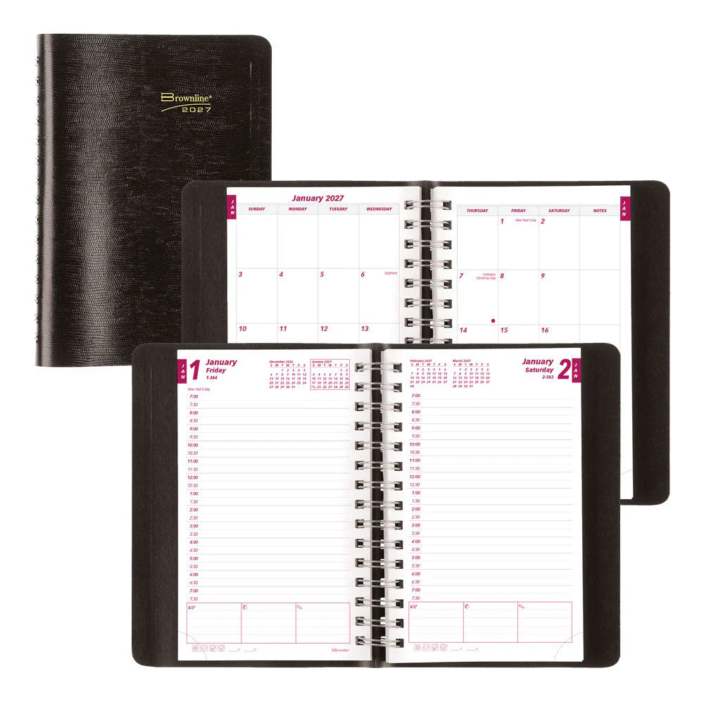 Brownline Essential 12-Month Daily Diary 2027, Twin Wire, Black, English, 8"x5"