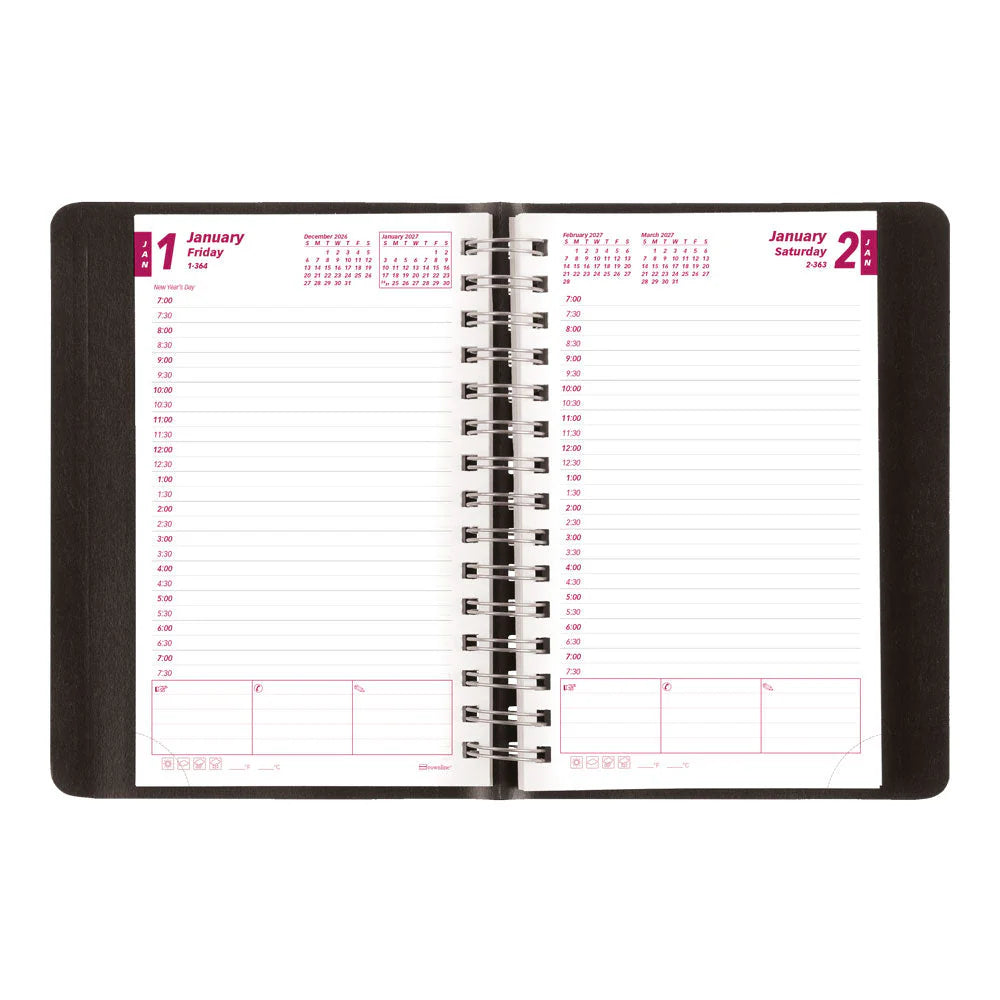 Brownline Essential 12-Month Daily Diary 2027, Twin Wire, Black, English, 8"x5"