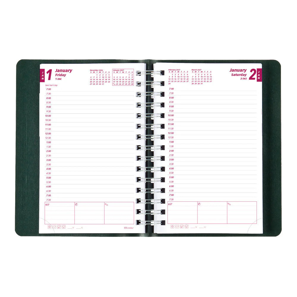 Brownline Essential 12-Month Daily Diary 2027, Twin Wire, Green, English, 8"x5"