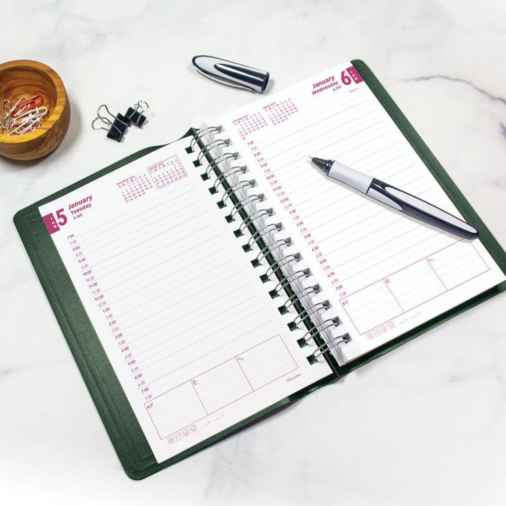 Brownline Essential 12-Month Daily Diary 2027, Twin Wire, Green, English, 8"x5"