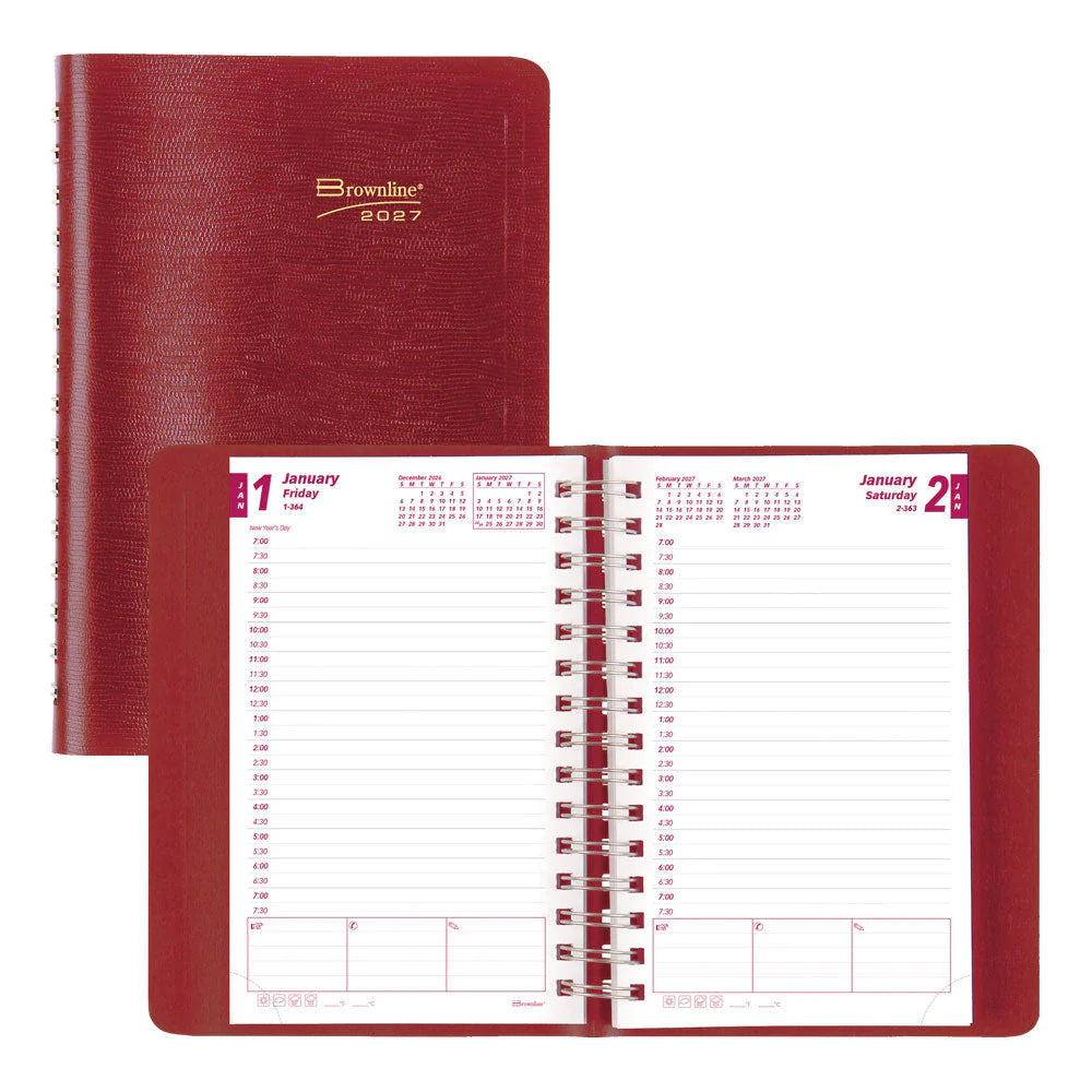 Brownline Essential 12-Month Daily Diary 2027, Twin Wire, Red, English, 8"x5"