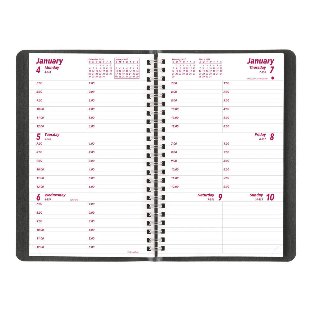 Brownline Essential Weekly Appointment Book 2027, Hourly 7AM–6PM, English, Black, 8"x5"