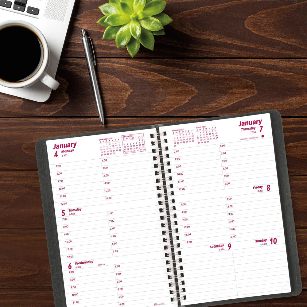 Brownline Essential Weekly Appointment Book 2027, Hourly 7AM–6PM, English, Black, 8"x5"