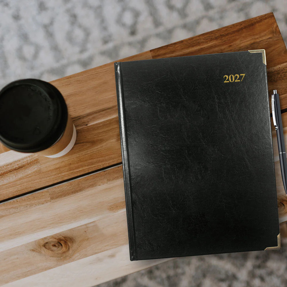 Brownline Executive 12-Month Daily Planner 2027, Trilingual, Bonded Leather, Black, 10-7/8"x7-5/8"