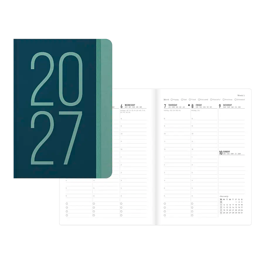 Letts Essence 2027 A5 weekly planner, teal recycled cotton cover